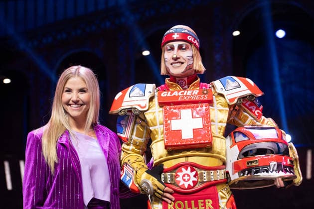 Singer Beatrice EGLI and singer Tom ROWLAND in the costumes of the Glacier Express’s new TICK TACK train, The musical Starlight Express in Bochum features the Swiss Glacier Express TICK TACK as a new train in the show; Starlight Express Theater in Bochum, June 12, 2018