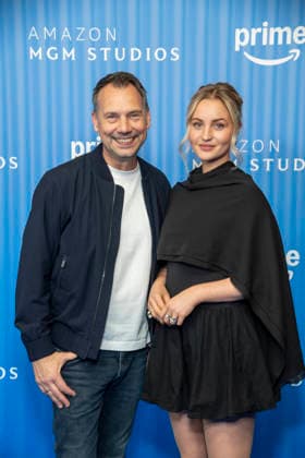 ABB PRIMEPK: Sebastian Fitzek and Sarah Mahtia appear on the blue carpet at the Prime Video Presents 2026 media press line at Kino International on September 3, 2026, in Berlin, Germany