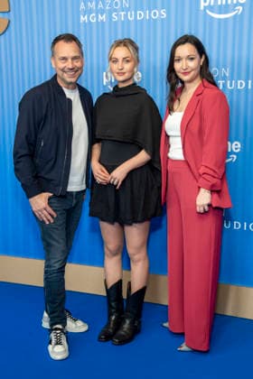 ABB PRIMEPK: Sebastian Fitzek, Sarah Mahtia, and Verena Schilling appear on the blue carpet at the Prime Video Presents 2026 media press line at Kino International on September 3, 2026, in Berlin, Germany