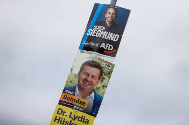 September 3, 2026, Politics, 2026 State Election in Saxony-Anhalt; stock photo, illustrative image, campaign posters, posters of Ulrich Siegmund (Alternative for Germany, AfD) and Minister President Sven Schulze (CDU), Magdeburg