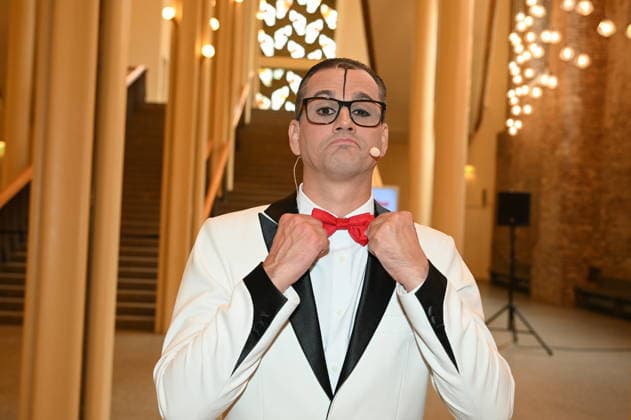 Clown Cesar Dias poses during the program presentation for the 11th Cologne Christmas Circus