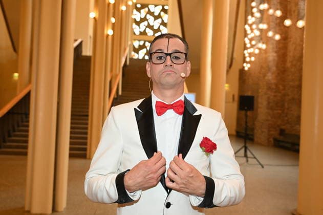 Clown Cesar Dias poses during the program presentation for the 11th Cologne Christmas Circus