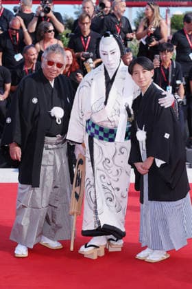 VENICE, ITALY - SEPTEMBER 03: Takashi Miike, Ichikawa EbizÅ XI and Ichikawa Shinnosuke VIII ( from The Living Legacy of Kabuki ) attend the Bucking Fastard Screening during the 83rd Venice International Film Festival at Sala Grande on September 03, 2026 in Venice, Italy. (Photo by Mark Cape Insidefoto) markxcape