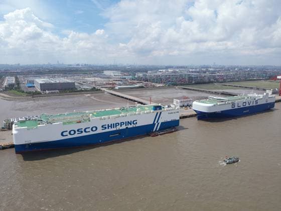 SHANGHAI, CHINA - SEPTEMBER 03: Vehicles are loaded onto the COSCO Shipping Liujiangkou and Glovis Moon Goddess vessels for export to Italy, Egypt and other countries at the Waigaoqiao Haitong International Auto Terminal on September 3, 2026 in Shanghai, China. Customs data shows that 1.01 million vehicles were exported through the terminal under customs supervision from January to August this year, representing a 4.92 percent increase year-on-year.  Copyright: xVCGx 111663988225