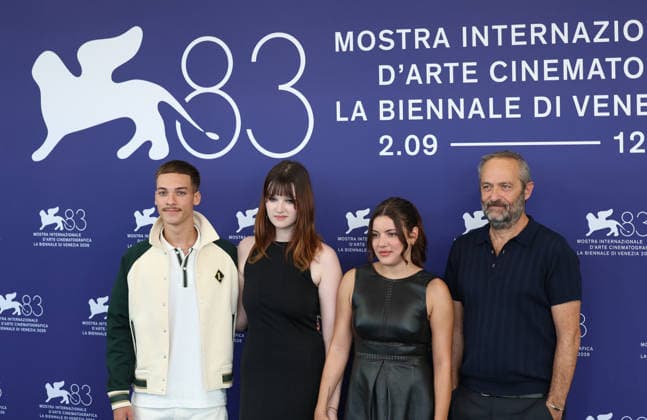 (260904) -- VENICE, Sept. 4, 2026 -- (From R to L) French director Cedric Kahn, French actress Malou Khebizi, French actress Zoe Monpart, French actor Kenji Peyran of the film 15 18 (A Place To Heal) pose for the photocall during the 83rd Venice International Film Festival in Venice, Italy, Sept. 4, 2026. ) ITALY-VENICE-FILM FESTIVAL-15 18-PHOTOCALL WangxKaiyan 