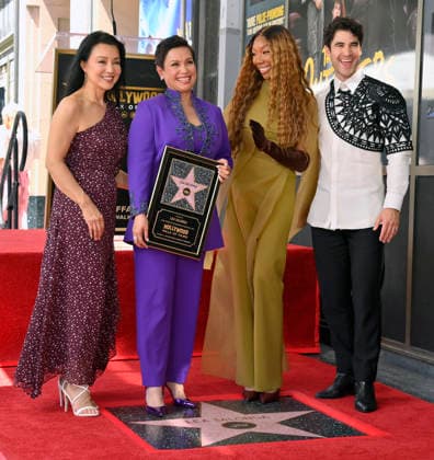 Filipina actress and singer Lea Salonga holds a replica plaque as she is joined by Ming-Na Wen, Brandy and Darren Criss (L-R) during an unveiling ceremony honoring her with the 2,855th star on the Hollywood Walk of Fame in Los Angeles on Friday, September 4, 2026.  LAP2026090403 JIMxRUYMEN