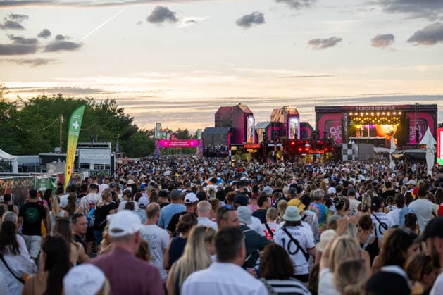 Overview of the large crowd of festivalgoers at the Glücksgefühle Festival at the Hockenheimring in Hockenheim, Baden-Württemberg, Germany
