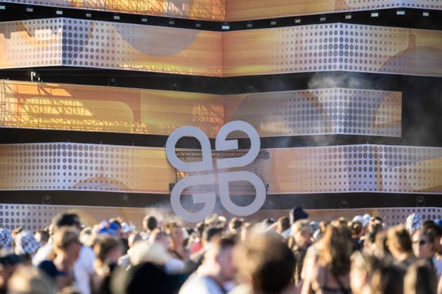 The Glücksgefühle Festival logo can be seen on a stage in Hockenheim, Baden-Württemberg, Germany