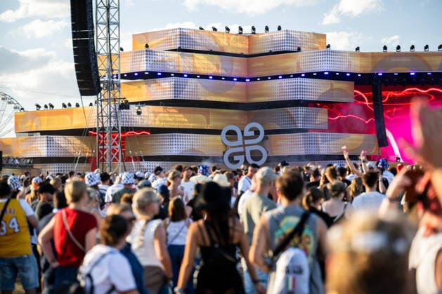 The Glücksgefühle Festival logo can be seen on a stage in Hockenheim, Baden-Württemberg, Germany