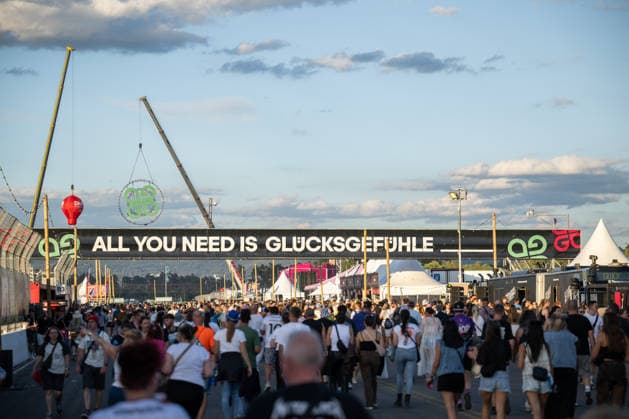 Overview of the large number of festivalgoers at the Glücksgefühle Festival at the Hockenheimring in Hockenheim, Baden-Württemberg, Germany