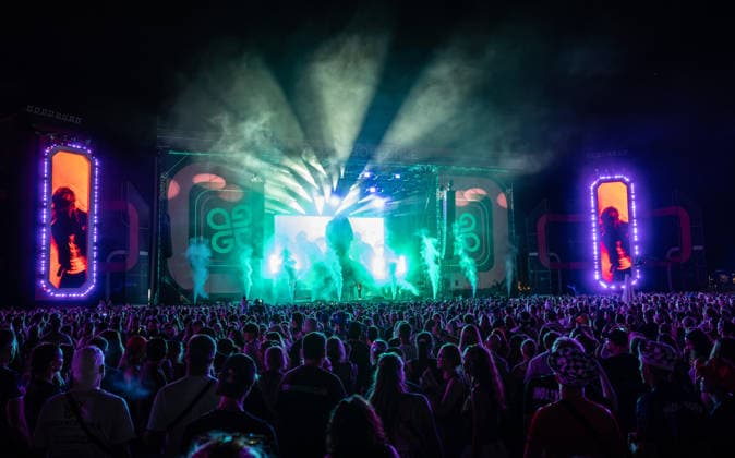 Overview of the large crowd of festivalgoers at Ski Aggu s performance at the Glücksgefühle Festival at the Hockenheimring in Hockenheim, Baden-Württemberg, Germany