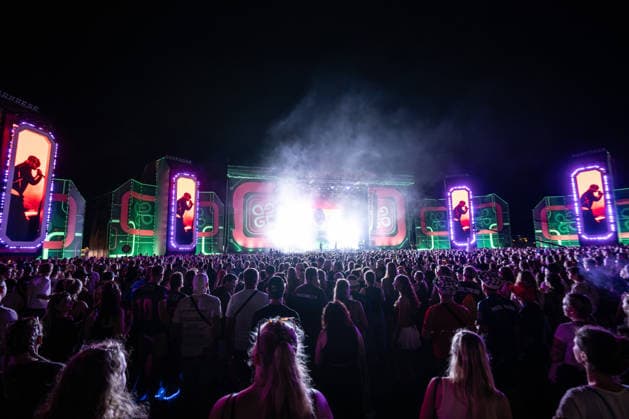 Overview of the large crowd of festivalgoers at Ski Aggu s performance at the Glücksgefühle Festival at the Hockenheimring in Hockenheim, Baden-Württemberg, Germany