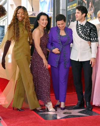 Filipina actress and singer Lea Salonga (3rd-L) stand on her star with Ming-Na Wen, Brandy, Ming-Na Wen and Darren Criss (L-R) during an unveiling ceremony honoring her with the 2,855th star on the Hollywood Walk of Fame in Los Angeles on Friday, September 4, 2026.  LAP2026090424 JIMxRUYMEN