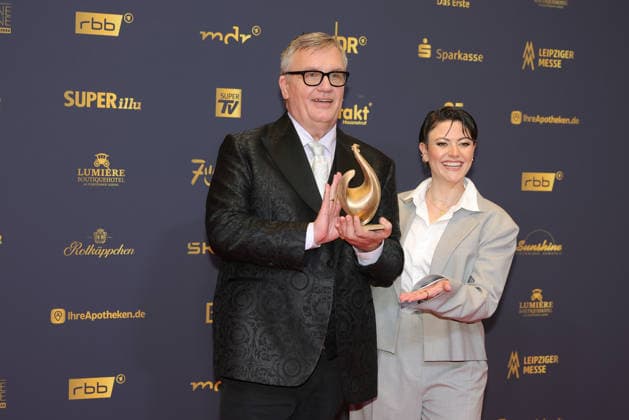 2026 Golden Hen Awards Ceremony: Entertainer Hape Kerkeling, winner of the Golden Hen in the Film and Television category, holding the Golden Hen, with presenter Tahnee Schaffarczyk. The 2026 Golden Hen Awards Ceremony took place on September 4, 202026 at the Leipzig Trade Fair, Hall 1, Leipzig, Saxony, Germany