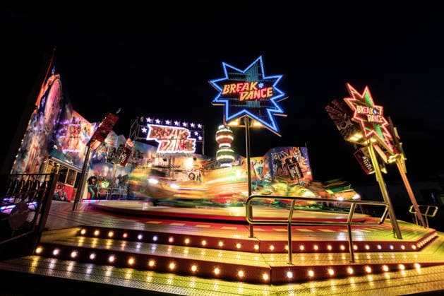 The Breakdance amusement ride at the Glücksgefühle Festival at the Hockenheimring at night in Hockenheim, Baden-Württemberg, Germany