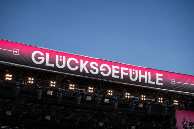 The Glücksgefühle Festival logo will be on display on a stage at the Hockenheimring during the festival. Hockenheim, Baden-Württemberg, Germany
