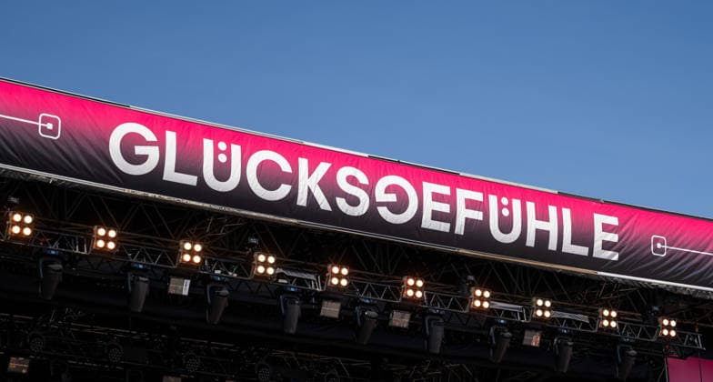 The Glücksgefühle Festival logo will be on display on a stage at the Hockenheimring during the festival. Hockenheim, Baden-Württemberg, Germany