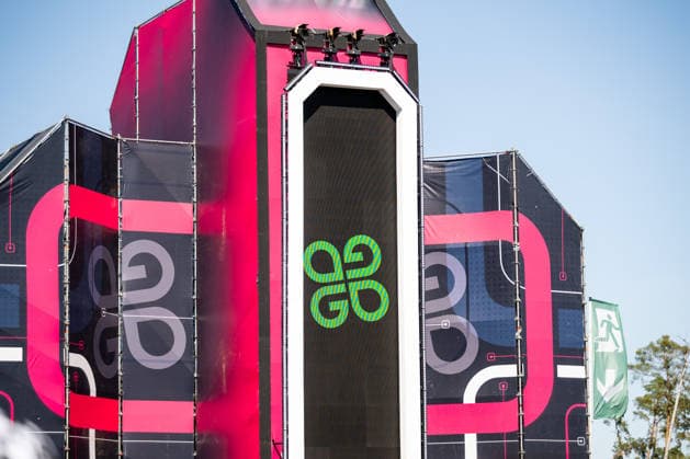 The Glücksgefühle Festival logo will be on display on a stage at the Hockenheimring during the festival. Hockenheim, Baden-Württemberg, Germany