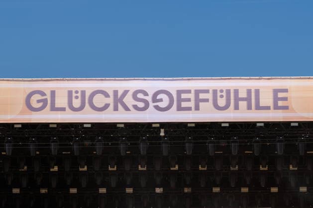 The Glücksgefühle Festival logo will be on display on a stage at the Hockenheimring during the festival. Hockenheim, Baden-Württemberg, Germany