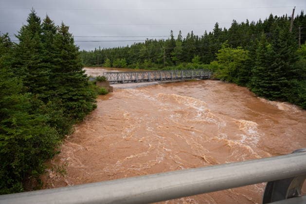 September 5, 2026, Richmond County, Ns, CANADA: A bridge comes close to being touched by the flooded River Tillard, in Richmond County, Cape Breton, N.S., Saturday, Sept. 5, 2026. Richmond County CANADA - ZUMAc35_ 20260905_zaf_c35_044 Copyright: xStevexWaddenx
