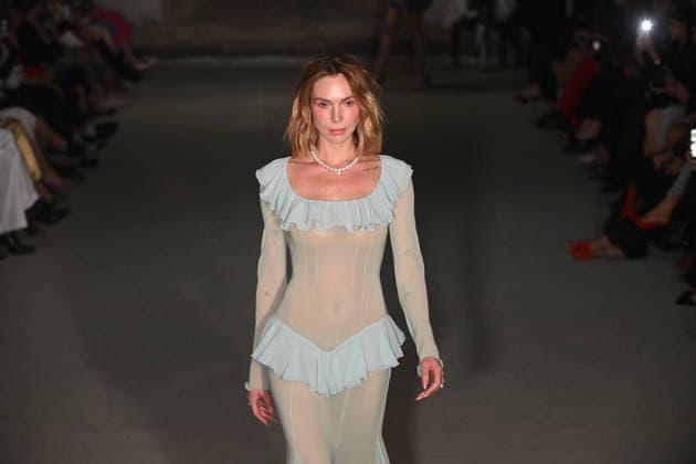 A model presents an outfit from the latest collection of the DARJA DONEZZ brand during Ukrainian Fashion Week SS27 at the Mystetskyi Arsenal National Cultural, Art and Museum Complex, Kyiv, Ukraine, September 5, 2026. The catwalk show was held in a shelter due to an air raid. (Photo by Yevhen Kotenko Ukrinform) DARJA DONEZZ catwalk show at UFW SS27  Copyright: xYevhenxKotenkox