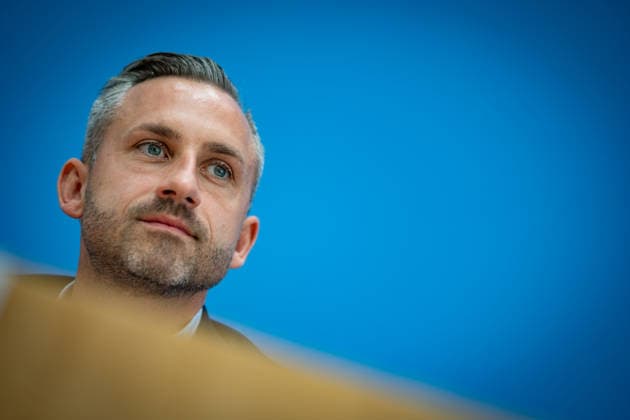 Election winner and AfD lead candidate Ulrich Siegmund during the Federal Press Conference in Berlin; post-election analysis with the AfD the day after the 2026 state election in Saxony-Anhalt; Berlin, Germany; Federal Press Conference Building