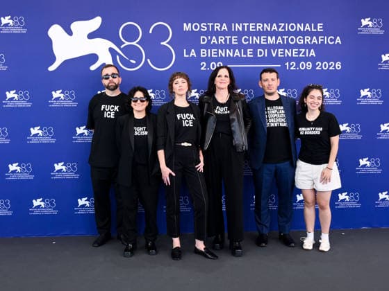 IPA88236254 - Venice, 83rd Venice International Film Festival 2026 - Day 6 - Photocall for the film They re Here. Pictured are Rachel Josh Begley, Adriana Pacheco, Rachel Lauren Mueller, Laura Poitras, Adam Mellion, and Ana Maldonado  Copyright: xAlbertoxTerenghix xPoolxPhotoxEventsx08x 88236254