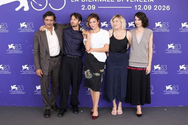 IPP Photo by Daniele Cifala’ Venice, September 2, 2026 *L’Estranea* Photocall The 83rd Venice International Film Festival. Pictured: Salvatore De Chirico, Adriano Giannini, Paolo Strippoli, Jasmine Trinca, Valeria Bruni Tedeschi, and Romana Maggiora Vergano. Italy Photo Press World. Copyright L Estranea Photocall. The 83rd