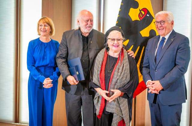 Elke Büdenbender, László Krasznahorkai, Hanna Schygulla, President Steinmeier, EUR, Germany, Berlin, September 8, 2026 Presentation of the Grand Cross with Star of the Order of Merit of the Federal Republic of Germany to Nobel Prize in Literature laureate László Krasznahorkai by President Steinmeier