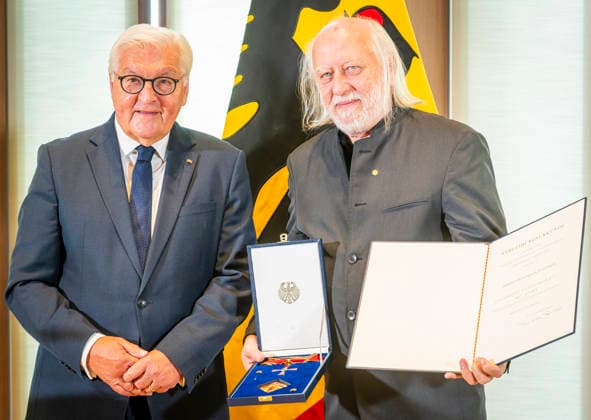 President Steinmeier and László Krasznahorkai, Berlin, Germany, September 8, 2026: Presentation of the Grand Cross with Star of the Order of Merit of the Federal Republic of Germany to Nobel Prize in Literature laureate László Krasznahorkai by President Steinmeier