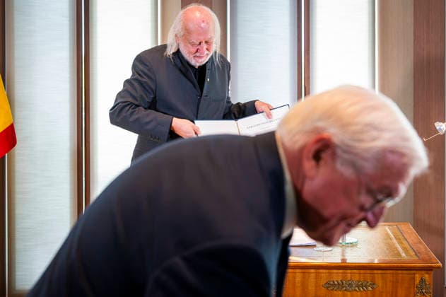 President Steinmeier and László Krasznahorkai, Berlin, Germany, September 8, 2026: Presentation of the Grand Cross with Star of the Order of Merit of the Federal Republic of Germany to Nobel Prize in Literature laureate László Krasznahorkai by President Steinmeier