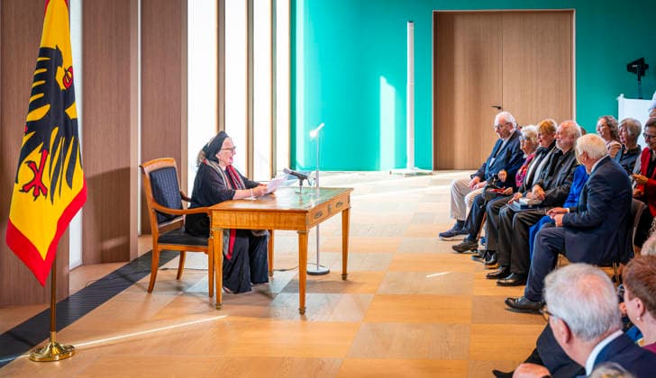 Hanna Schygulla, EUR, Germany, Berlin, September 8, 2026 Actress Hanna Schygulla reads from the works of László Krasznahorkai Presentation of the Grand Cross of Merit with Star of the Order of Merit of the Federal Republic of Germany to Nobel Prize in Literature laureate László Krasznahorkai by President Steinmeier