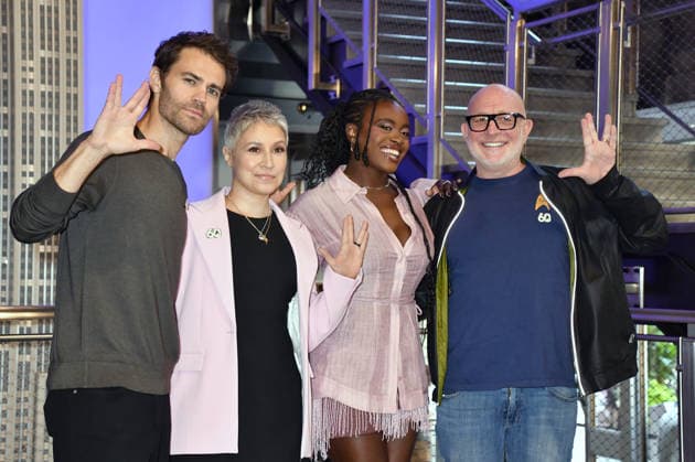 NEW YORK, NY - SEPTEMBER 8: Paul Wesley, Melissa Navia, Celia Rose Gooding and Akiva Goldsman pictured as the cast of Star Trek light the Empire State Building in celebration of the 60th Anniversary of Star Trek on September 8, 2026 in New York City. Copyright: xmpi099 MediaPunchx