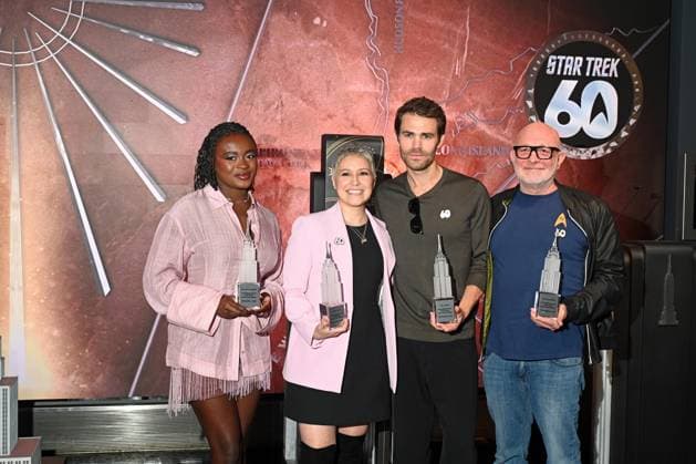 RECORD DATE NOT STATED Actors Paul Wesley, Cella Rose Gooding, melissa Navia with executive producer Paul Wesley, lit the Empire State Building in celebration of the 60th Anniversary of Star Trek. Star Trek began as a television series which was a mix of wester and a naval blend of space adventures, a creation of the late producer Gene Rooenberry who introduced Star Trek in 1966 and ending in 1969. Star Trek, continues as new television series as well as in movie theaters. Credit: Victor M. Matos Thenews2(Foto: Victor M. Matos Thenews2 imago images)  Copyright: xVictorxM.xMatosx