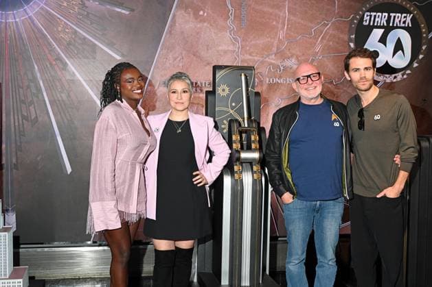 RECORD DATE NOT STATED Actors Paul Wesley, Cella Rose Gooding, melissa Navia with executive producer Paul Wesley, lit the Empire State Building in celebration of the 60th Anniversary of Star Trek. Star Trek began as a television series which was a mix of wester and a naval blend of space adventures, a creation of the late producer Gene Rooenberry who introduced Star Trek in 1966 and ending in 1969. Star Trek, continues as new television series as well as in movie theaters. Credit: Victor M. Matos Thenews2(Foto: Victor M. Matos Thenews2 imago images)  Copyright: xVictorxM.xMatosx