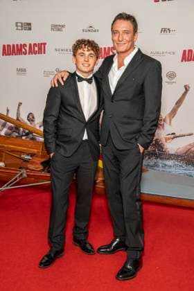 ABB ADAMSACHT: Vito Wiesner and Oliver Masucci, father and son, appeared on the red carpet at the Berlin premiere of the feature film *Adams Acht* at the Zoo Palast movie theater on September 8, 2026, in Berlin, Germany.