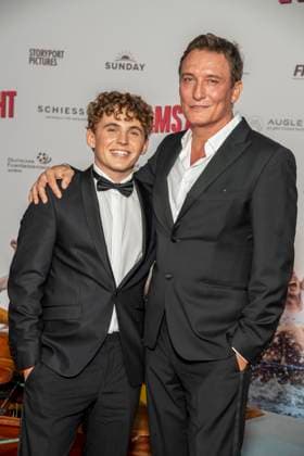 ABB ADAMSACHT: Vito Wiesner and Oliver Masucci, father and son, appeared on the red carpet at the Berlin premiere of the feature film *Adams Acht* at the Zoo Palast movie theater on September 8, 2026, in Berlin, Germany.
