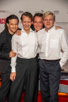 ABB ADAMSACHT s Karim Sebastian Elias, Felix Kammerer, Oliver Masucci, and Leonhard Kunz appeared on the red carpet at the Berlin premiere of the feature film *Adams Acht* at the Zoo Palast cinema on September 8, 2026, in Berlin, Germany