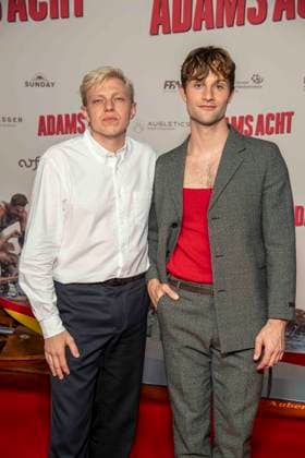 ABB ADAMSACHT: Leonhard Kunz and Nick Romeo Reimann appeared on the red carpet at the Berlin premiere of the feature film *Adams Acht* at the Zoo Palast movie theater on September 8, 2026, in Berlin, Germany