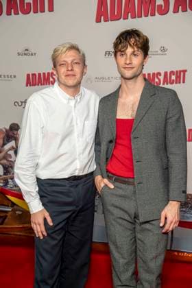 ABB ADAMSACHT: Leonhard Kunz and Nick Romeo Reimann appeared on the red carpet at the Berlin premiere of the feature film *Adams Acht* at the Zoo Palast movie theater on September 8, 2026, in Berlin, Germany
