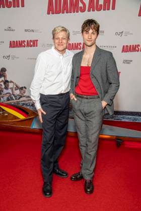 ABB ADAMSACHT: Leonhard Kunz and Nick Romeo Reimann appeared on the red carpet at the Berlin premiere of the feature film *Adams Acht* at the Zoo Palast movie theater on September 8, 2026, in Berlin, Germany