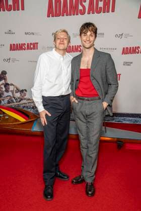 ABB ADAMSACHT: Leonhard Kunz and Nick Romeo Reimann appeared on the red carpet at the Berlin premiere of the feature film *Adams Acht* at the Zoo Palast movie theater on September 8, 2026, in Berlin, Germany