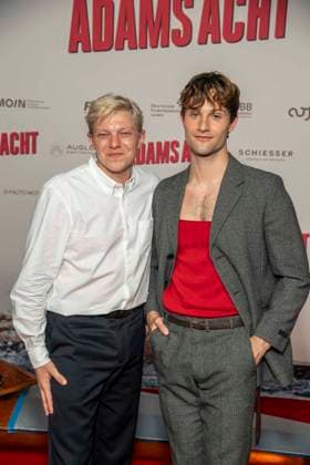 ABB ADAMSACHT: Leonhard Kunz and Nick Romeo Reimann appeared on the red carpet at the Berlin premiere of the feature film *Adams Acht* at the Zoo Palast movie theater on September 8, 2026, in Berlin, Germany