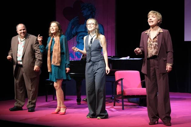 Markus Schell, Angela Roy, Linda Hesse, and Antje Rietz at the photo shoot for the comedy *Männerbeschaffungsmaßnahmen* at the Winterhuder Fährhaus theater in Hamburg; four women rediscover their hopes and feelings during a seminar they attend together—a play filled with music, featuring many hits and evergreens, The premiere is on September 11, 2026, in Hamburg on September
