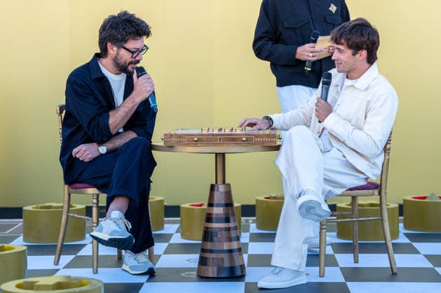 Monegasque Formula 1 driver Charles Leclerc (r) challenges Spanish actor Alvaro Morte to a game of his new board game SE!ZE in Madrid during the official presentation of Chivas Regal 16. September 9, 2026. (2026090978)