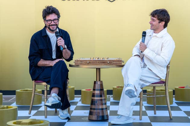 Monegasque Formula 1 driver Charles Leclerc (r) challenges Spanish actor Alvaro Morte to a game of his new board game SE!ZE in Madrid during the official presentation of Chivas Regal 16. September 9, 2026. (2026090982)