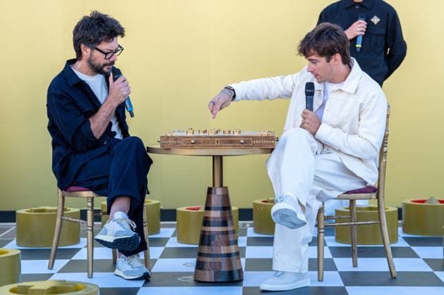 Monegasque Formula 1 driver Charles Leclerc (r) challenges Spanish actor Alvaro Morte to a game of his new board game SE!ZE in Madrid during the official presentation of Chivas Regal 16. September 9, 2026. (20260909109)