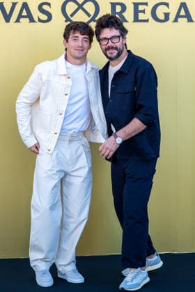 Monegasque Formula 1 driver Charles Leclerc (l) challenges Spanish actor Alvaro Morte to a game of his new board game SE!ZE in Madrid during the official presentation of Chivas Regal 16. September 9, 2026. (20260909269)