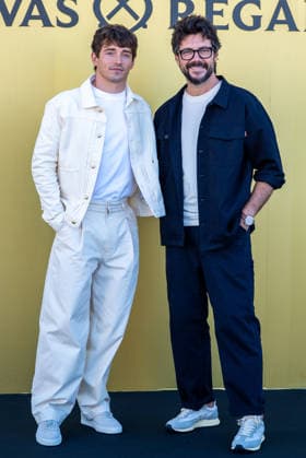 Monegasque Formula 1 driver Charles Leclerc (l) challenges Spanish actor Alvaro Morte to a game of his new board game SE!ZE in Madrid during the official presentation of Chivas Regal 16. September 9, 2026. (20260909287)