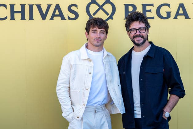 Monegasque Formula 1 driver Charles Leclerc (l) challenges Spanish actor Alvaro Morte to a game of his new board game SE!ZE in Madrid during the official presentation of Chivas Regal 16. September 9, 2026. (20260909289)